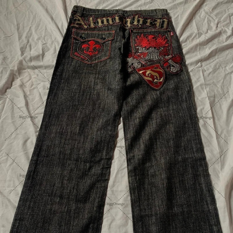 Y2k Baggy Jeans American Patchwork Letter Combination Embroidered