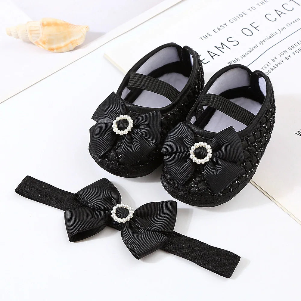 0~18M Cute Bowknot Newborn Baby Shoes Headband Set