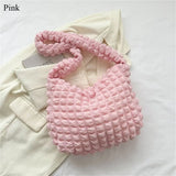 Plaid Quilted Shoulder Bag Cute Pleated Bubbles Solid