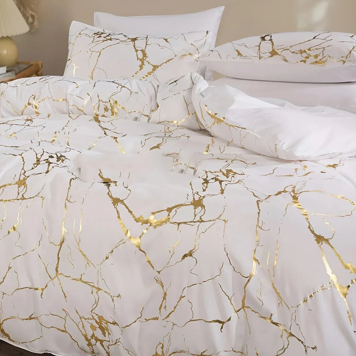 Queen Bedding Duvet Cover Set White Marble Printed