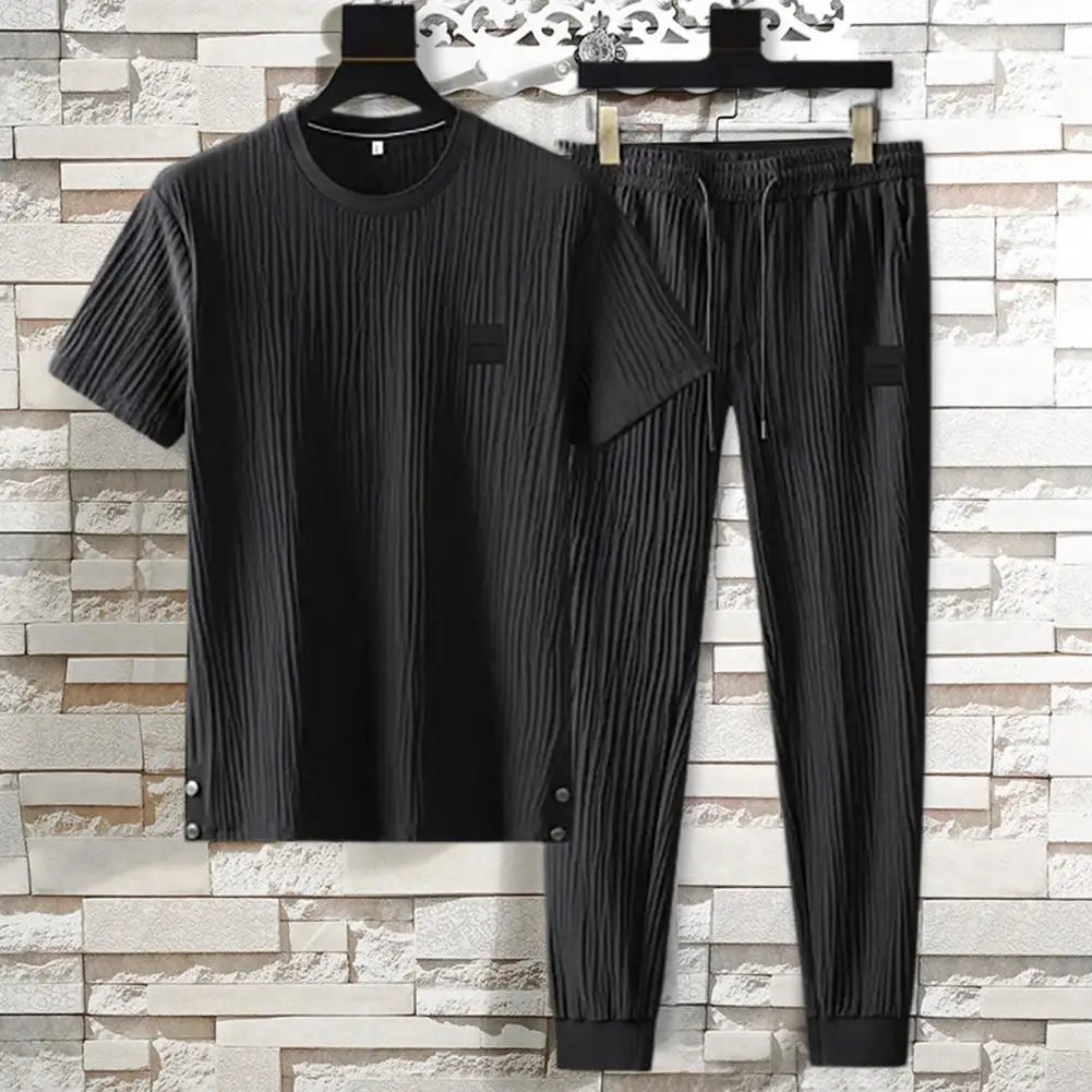 Summer Men Pleated Shirt Pants Two-pieces Set Thin