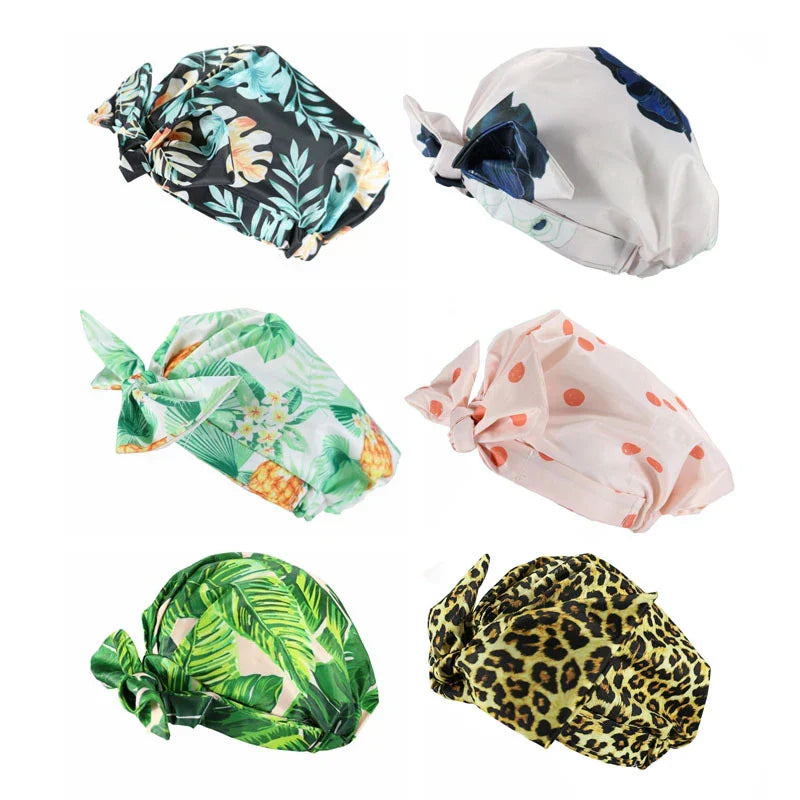 Waterproof Leopard Print Cap Elastic Bow Nightcap Women