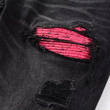 Men Cracked Leather Patch Biker Jeans Streetwear Pleated