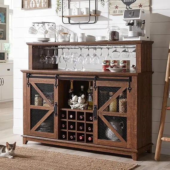 OKD Farmhouse Coffee Bar Cabinet with LED Lights,