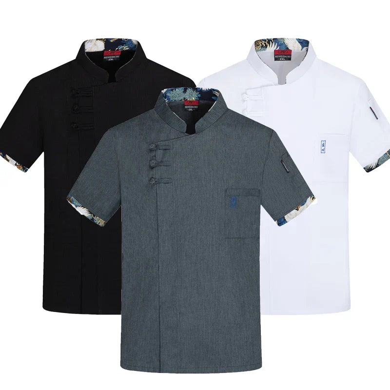 Short Sleeve Chef Uniform Men Women Stretchy Linen