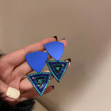 Long Retro Blue Flower Feather Tassel Dangle Earrings