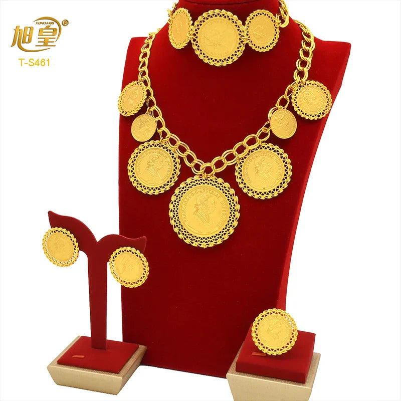 African 24K Gold Color Coins Necklace Bracelet Sets