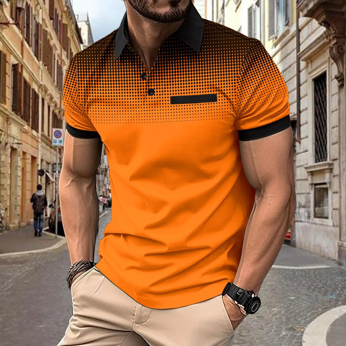 Summer Mens Lapel short-Sleeved T-shirt Contrasting Color polka