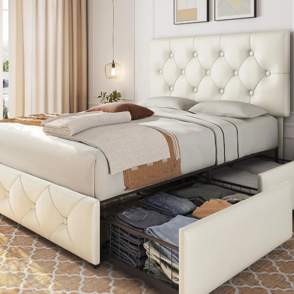 Upholstered Bed Frame with 4 Storage Drawers and