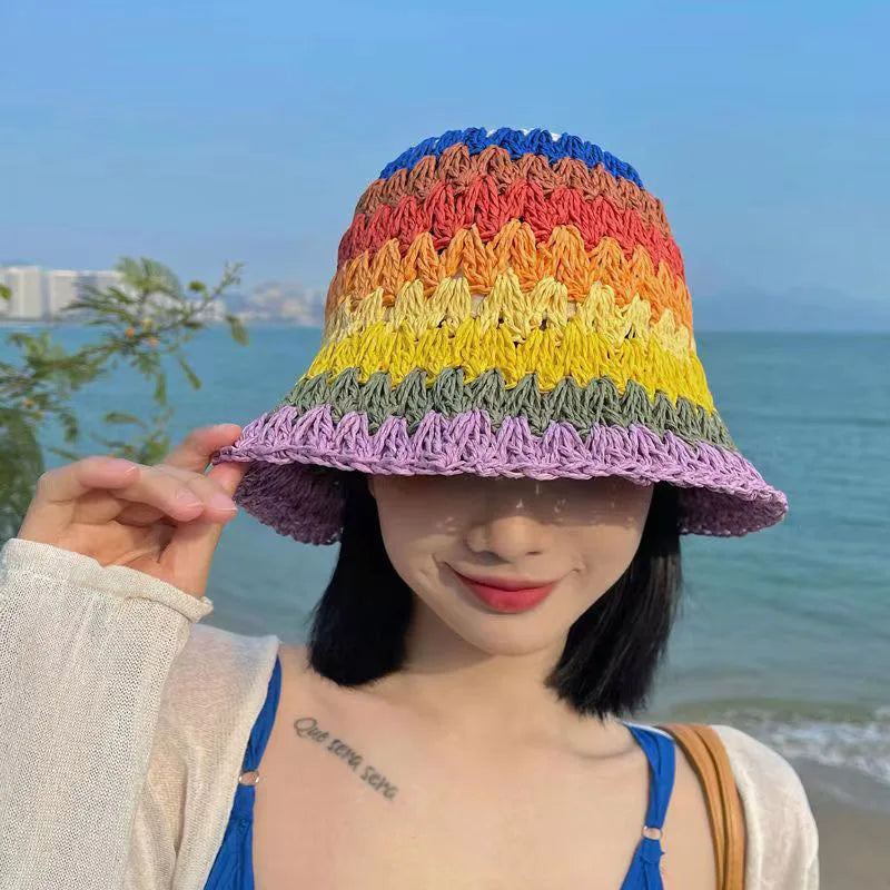 Spring Summer New Rainbow Woven Straw Hat Bucket