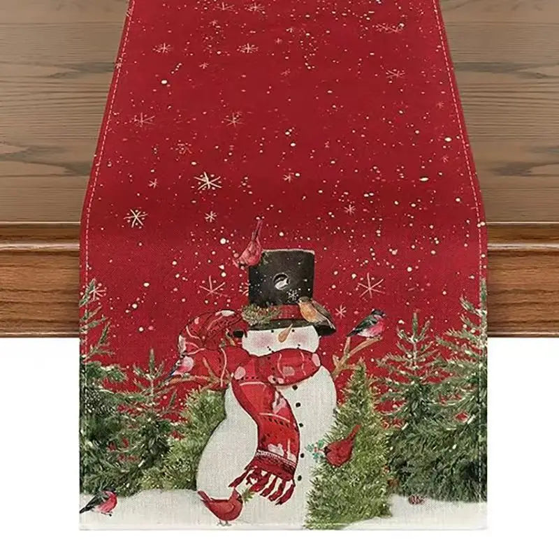 Linen Christmas Table Runner Snowman Xmas Tree Home