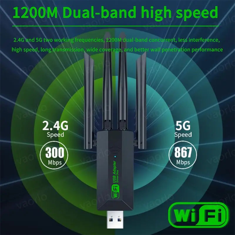 1200Mbps WiFi USB Adapter Dual Band 2.4G+5Ghz Wi-Fi