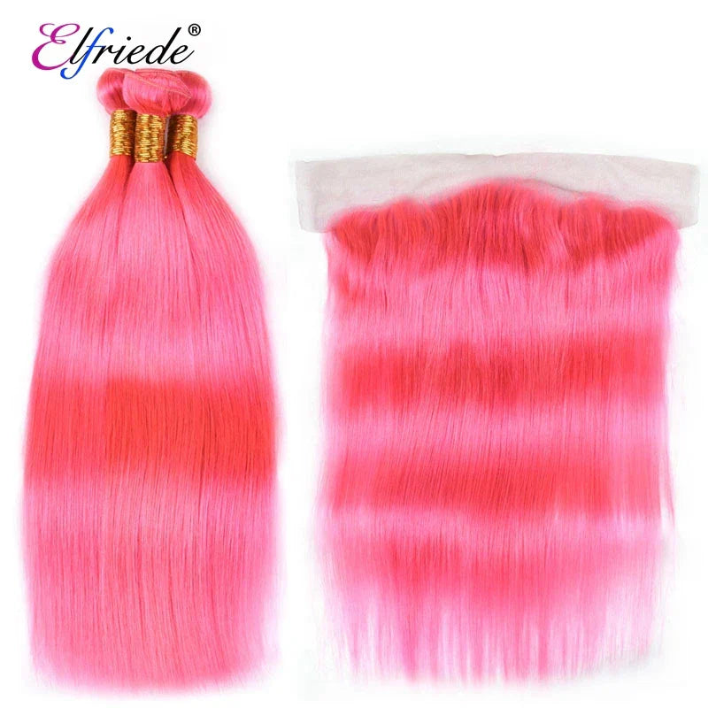 Elfriede #Pink Straight Colored Hair Bundles with Frontal