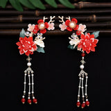 1pair Chinese Hanfu Hair Accessories Red Flower Hairpins