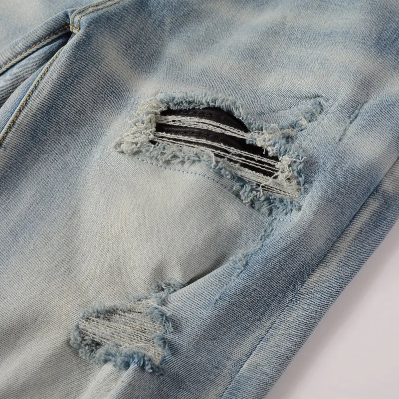 Men Cracked Leather Pleated Patch Biker Jeans Streetwear