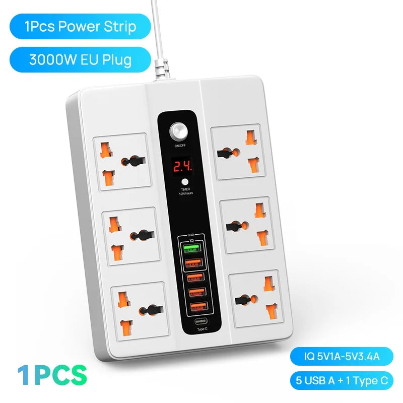 3000W 6 AC Outlets Power Strip 20W PD