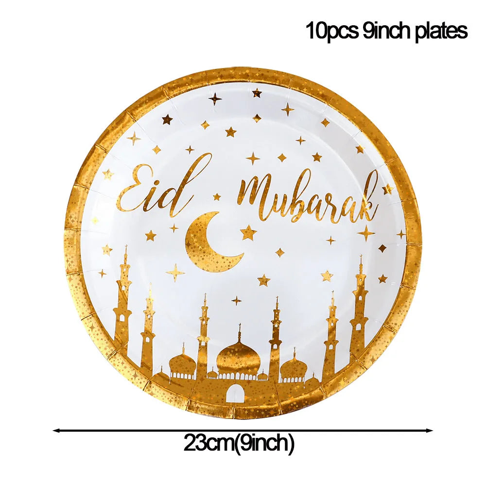 Gold Eid Mubarak Disposable Tableware Star Moon Gilded