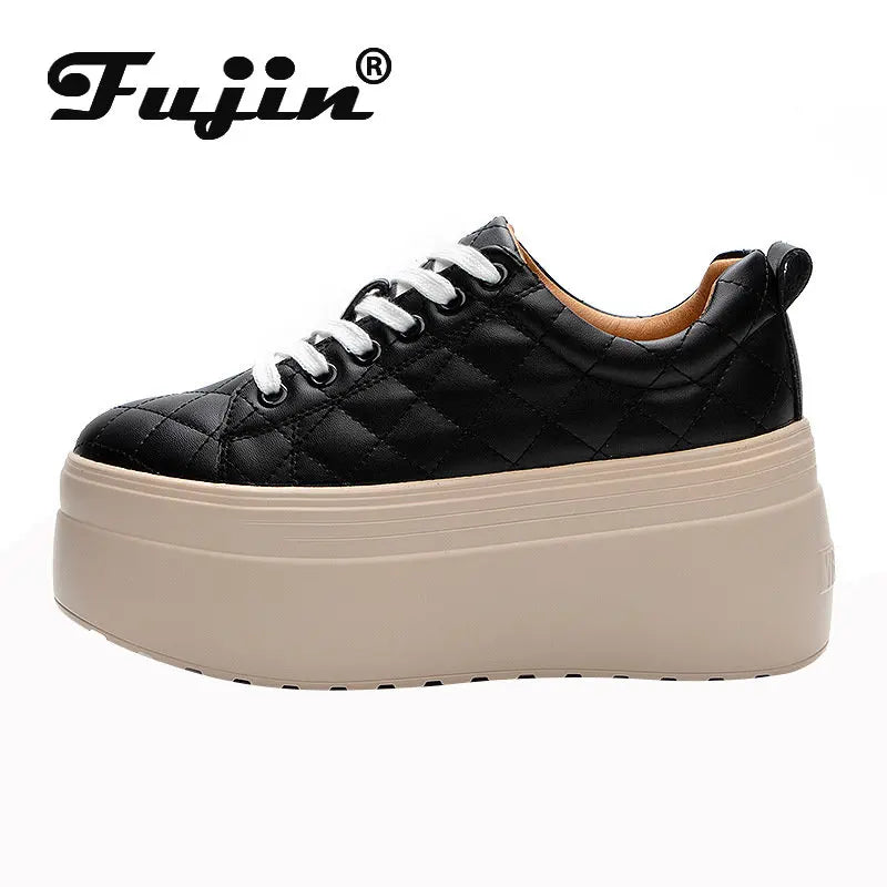 Fujin 8cm New Genuine Leather Sewing Synthetic Women Platform Women Vulcanized Shoes Hidden Heels Ladies Chunky Sneakers Fashion