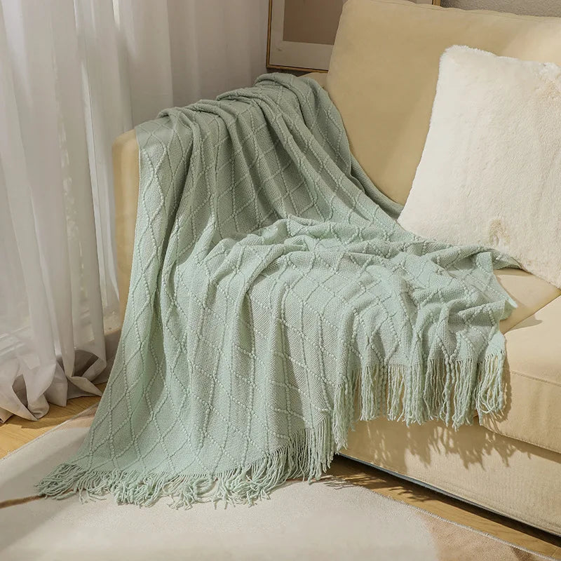 Textured Knitted Throw Blankets with Tassels Cozy Woven