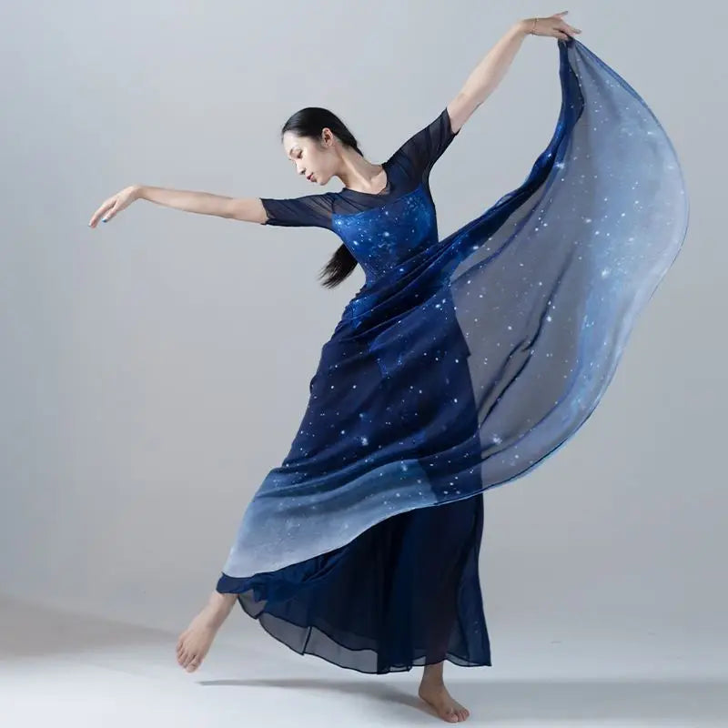 Starry Sky Blue Gradient Chiffon Dance Suit Women