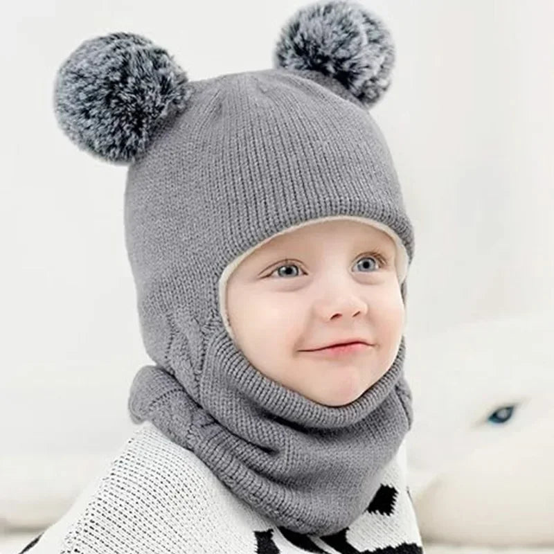 1-7Y Winter Baby Hat Scarf One-Piece Pompom Knit