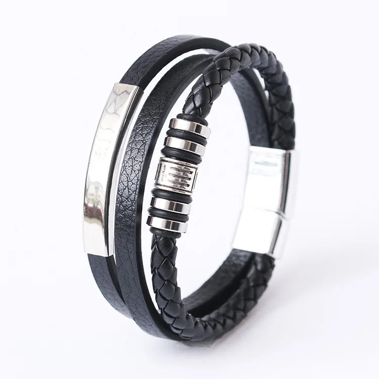 Trendy Leather Bracelets Men Stainless Steel Multilayer Braided