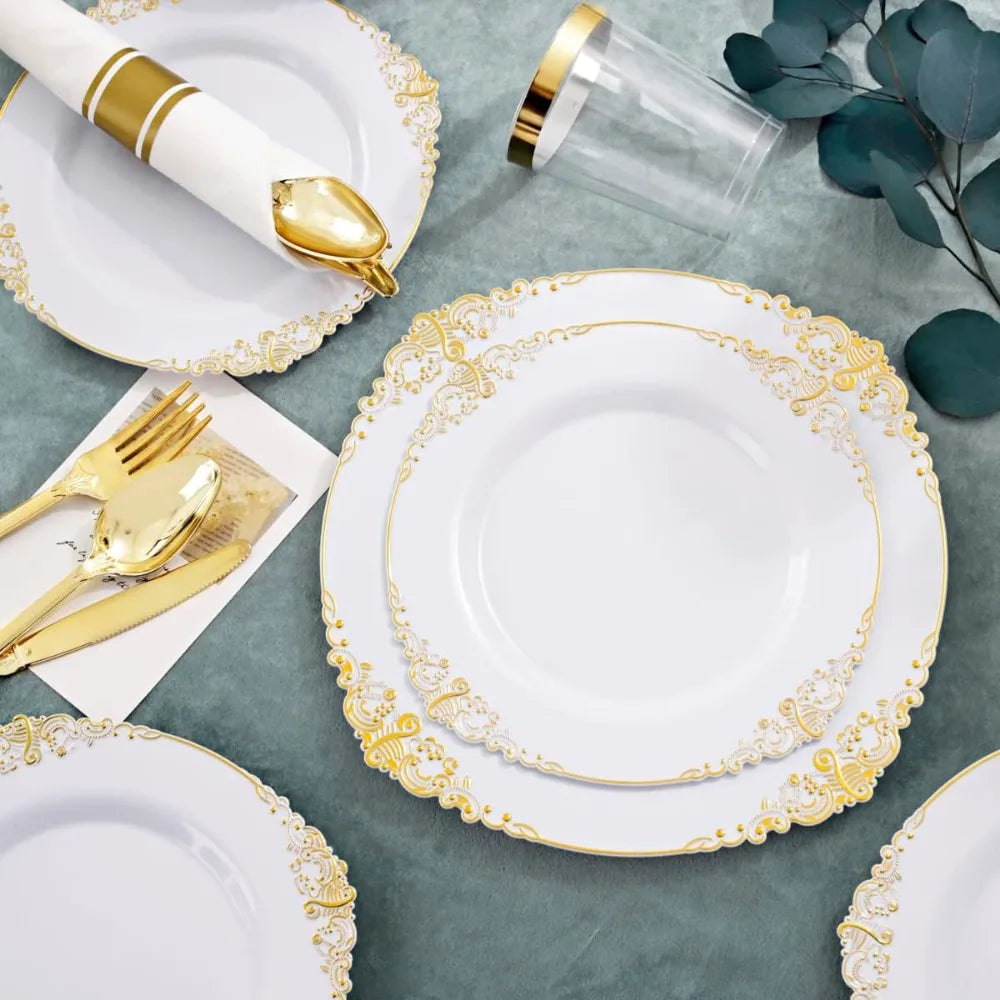 350PCS Gold Disposable Dinnerware Set for 50 Guests,