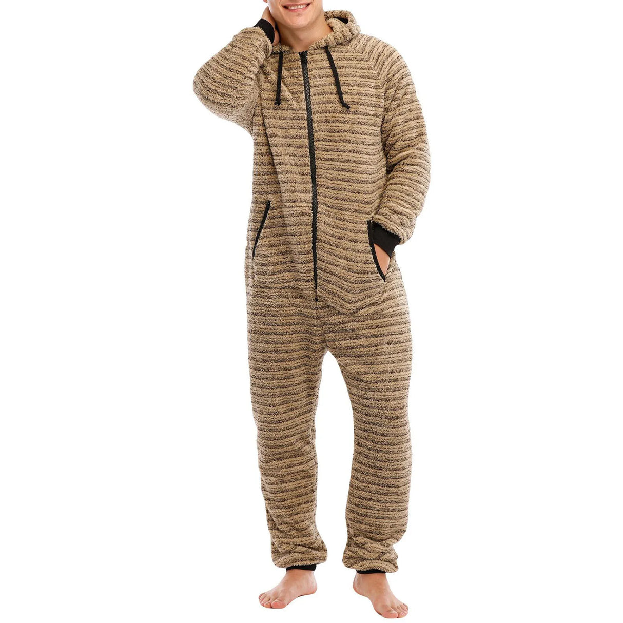 Men's Hooded Jumpsuit Pajamas Long Sleeve V Neck