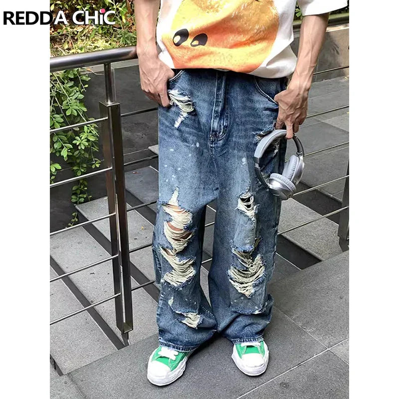 ReddaChic Y2k Destroyed Baggy Jeans for Men Vintage