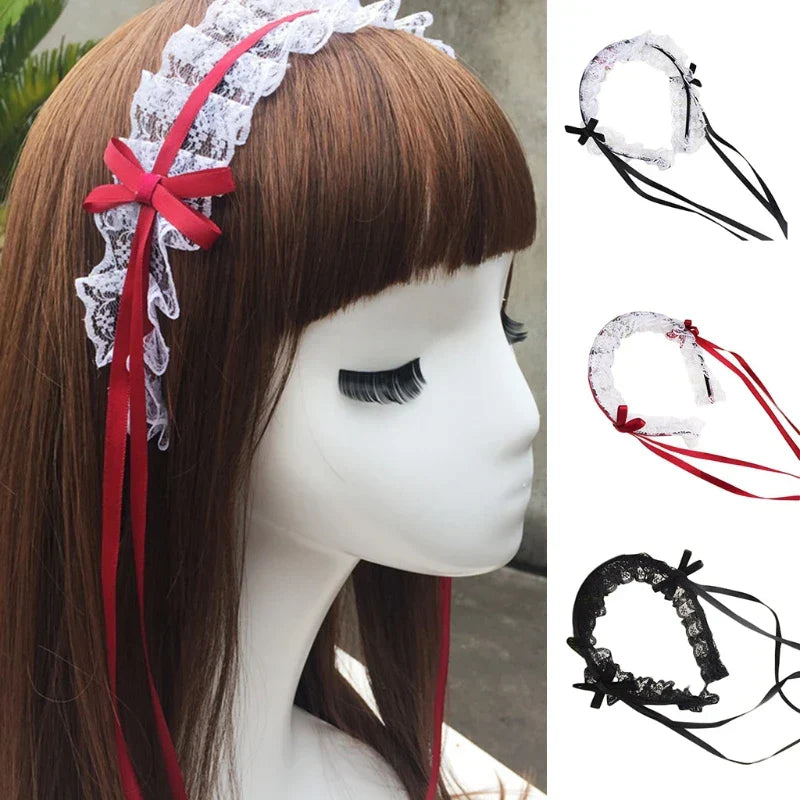 Ruffled Lace Long Ribbon Bowknot Headband Cosplay Headdress