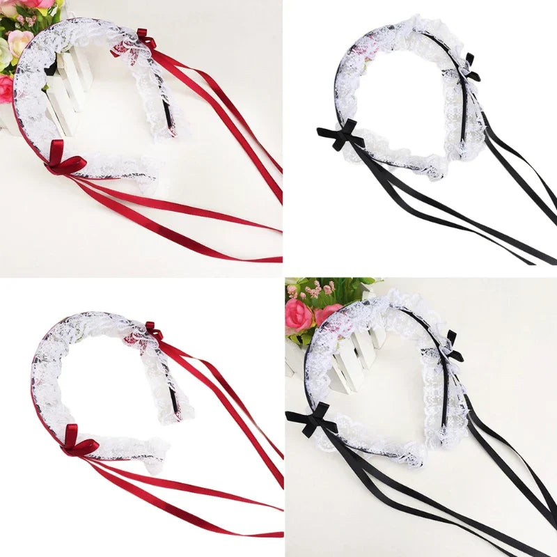 Ruffled Lace Long Ribbon Bowknot Headband Cosplay Headdress