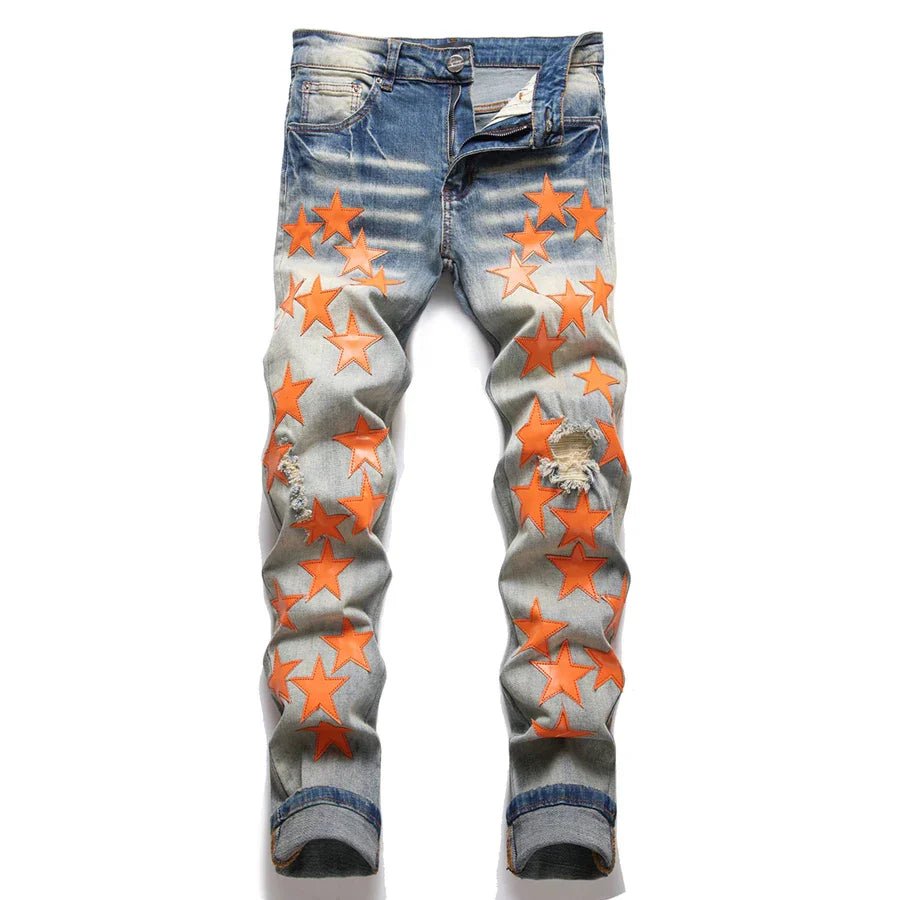 usa style Man's Jeans Five-pointed Star Torn Patches