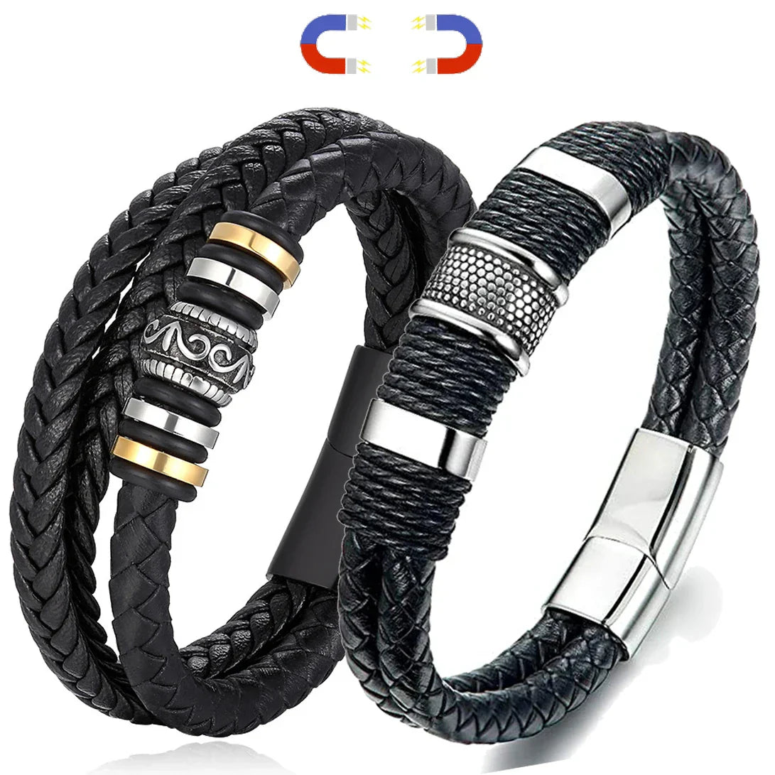 Leather Magnetic Buckle Bangle Braided Bracelet Titanium Steel Men‘s Bracelet Vintage Kpop Bangles Bracelets for Men Women Gift