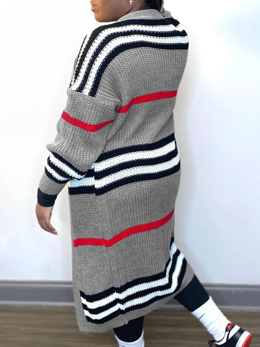 LW Plus Size coat Dropped Shoulder Striped Loose