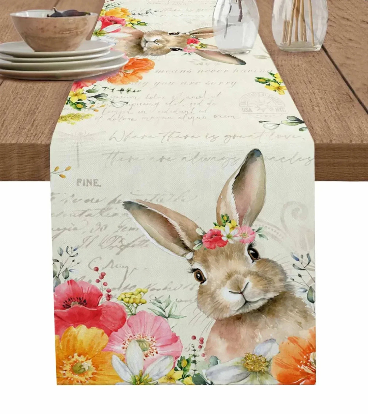 Easter Bunny Spring Flowers Linen Table Runner Washable