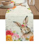 Easter Bunny Spring Flowers Linen Table Runner Washable