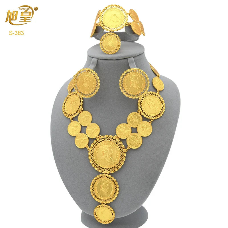 African 24K Gold Color Coins Necklace Bracelet Sets
