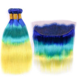Elfriede BlueGreenYellow Straight Ombre Colored Hair Bundles with