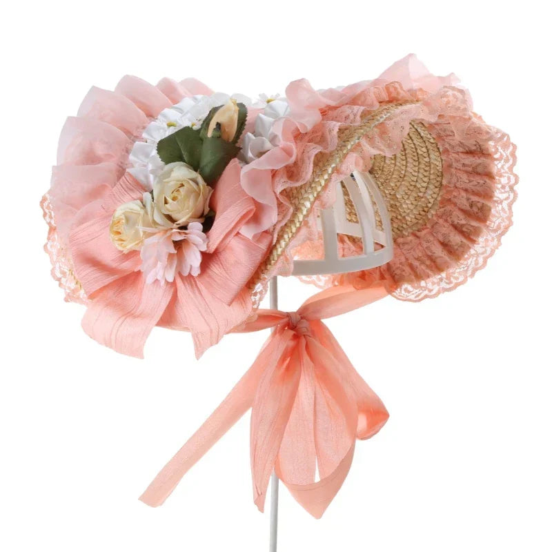 Japanese Lolita Sweet Handmade Straw Sun Hat Lace