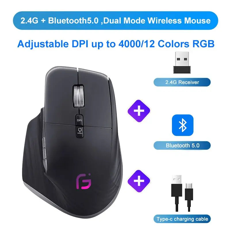 KuWFi Rechargeable Wireless Mouse Silent Gaming Mouse 2.4G&Bluetooth