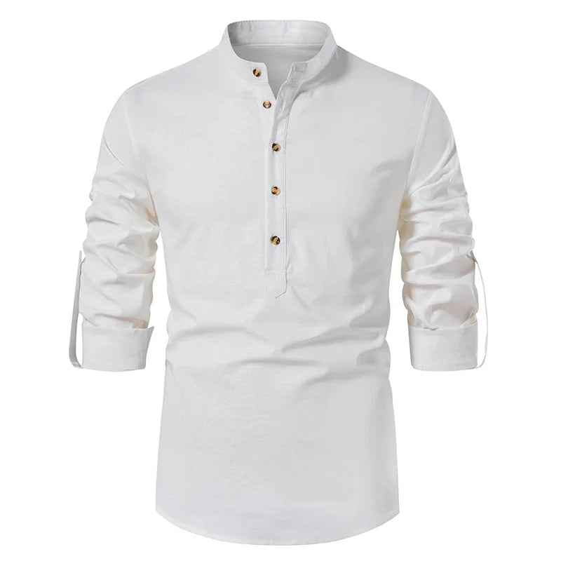 White Roll Up Mandarin Collar Dress Shirt Men