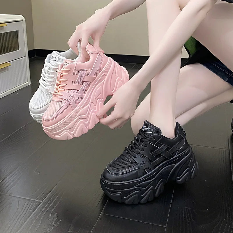 White Chunky Sneakers Women New 2022 Autumn Hidden Heel Platform Sports Dad Shoes Woman Lace Up Breathable Mesh Casual Shoes 8CM