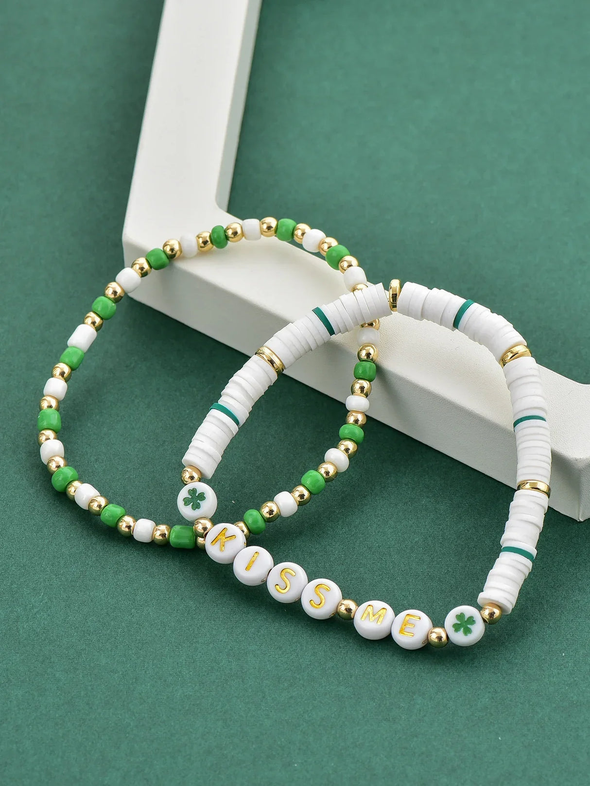 2 Pcs St. Patrick’s Day Clover Bracelet – Soft Clay & Acrylic Beads