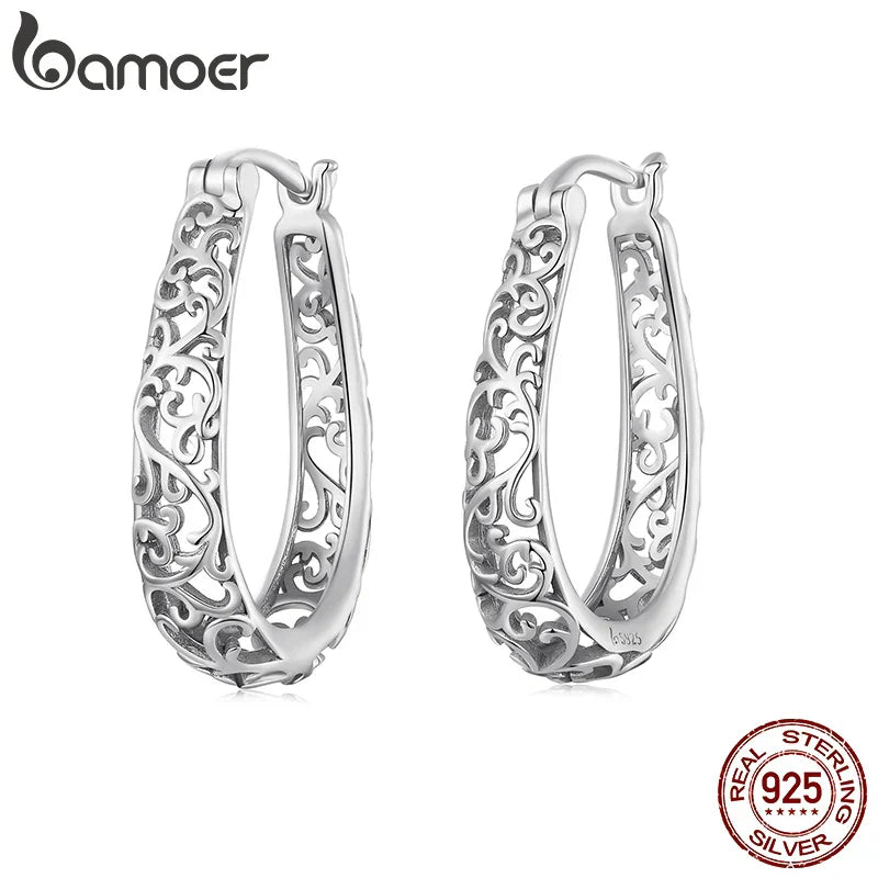 BAMOER 18K Gold Plated Filigree Hoop Earrings 925