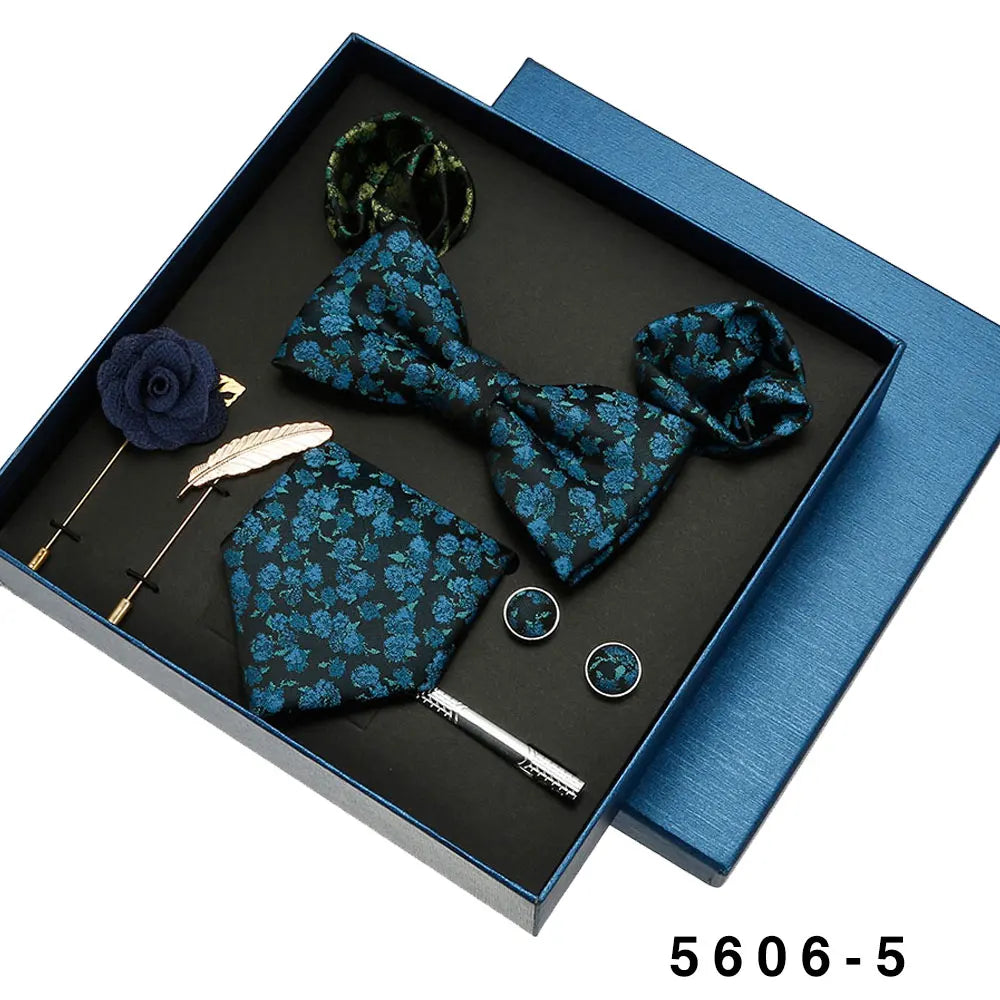 Black Mens Neck Tie Gift Set Bowtie Pocket