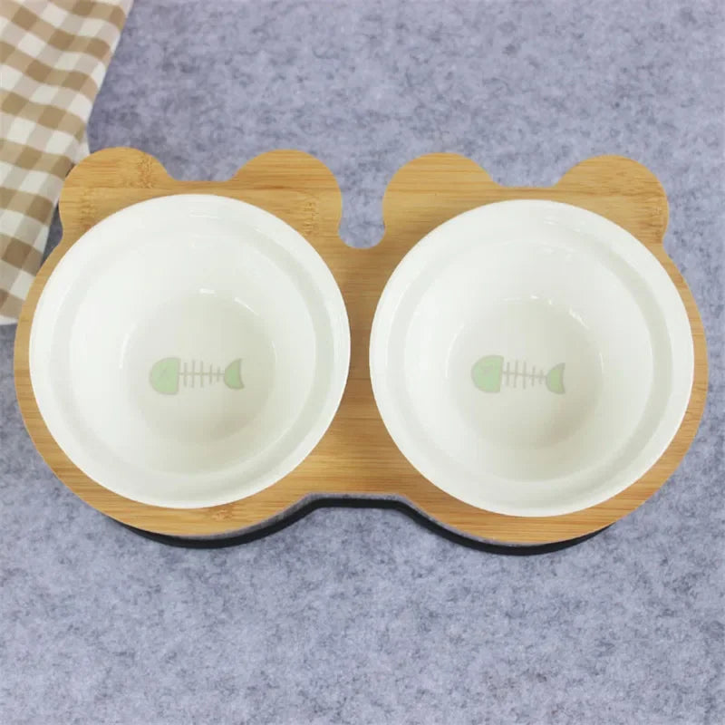 New High-end Pet Bowl Bamboo Shelf Ceramic Feeding