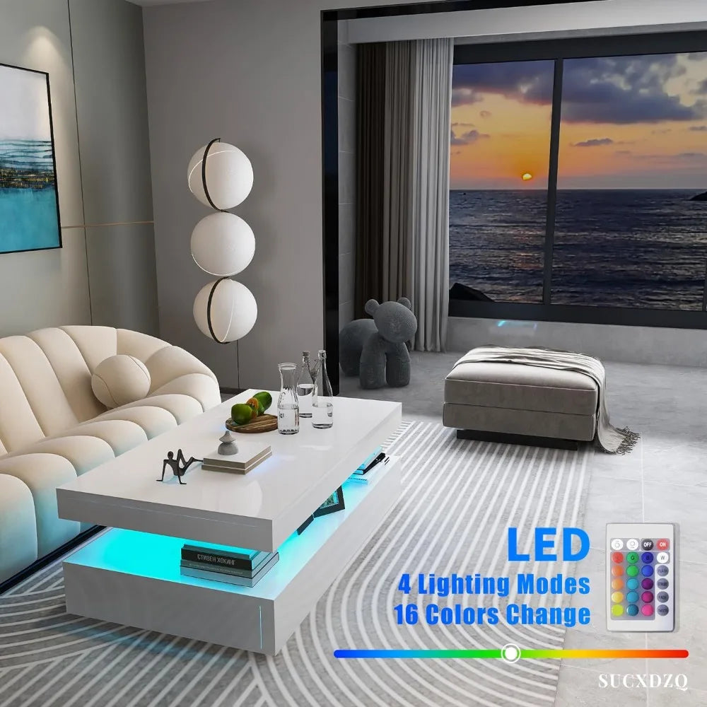 LED Coffee Table, White Modern High Gloss Coffee