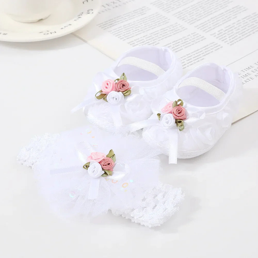 0~18M Cute Bowknot Newborn Baby Shoes Headband Set