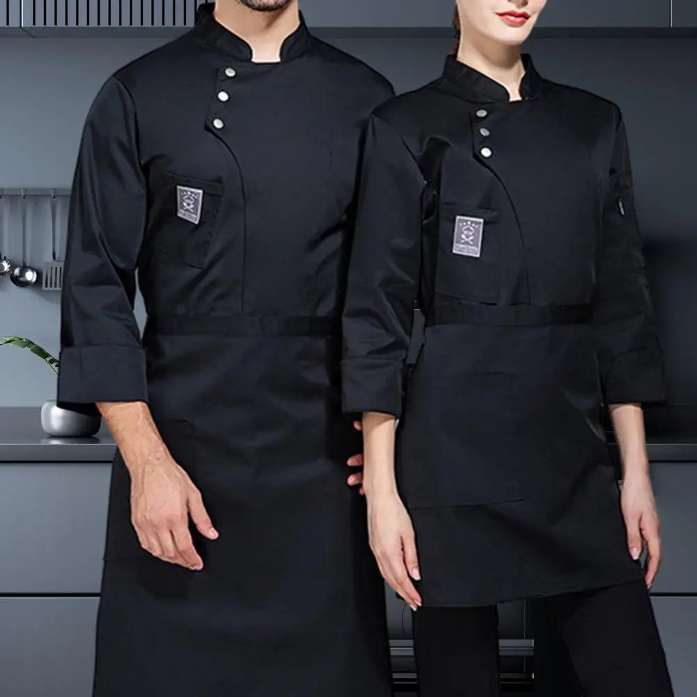 Men Women Chef Uniform Stand Collar Singlebreasted Pocket