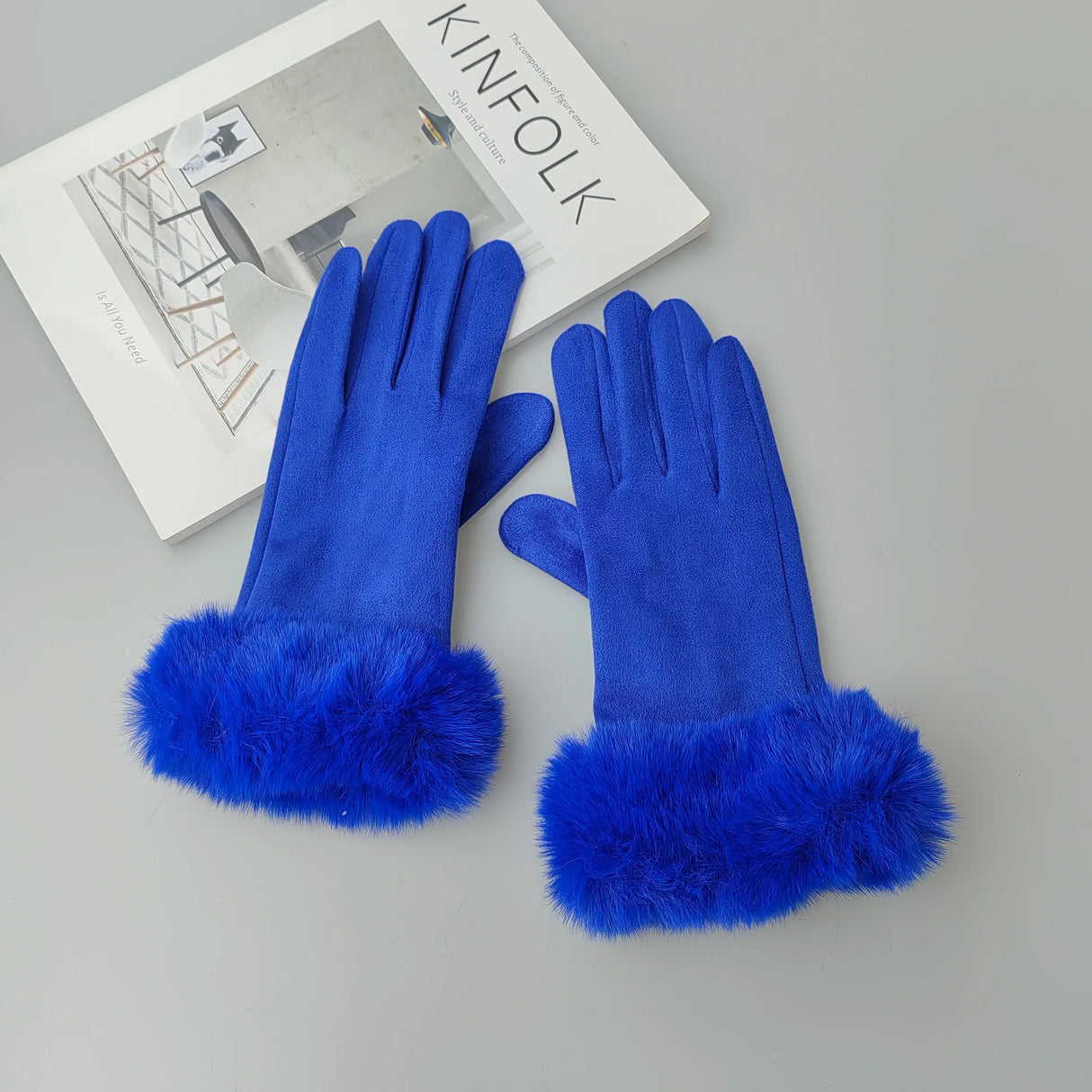 Female Faux Rabit Fur Suede Leather Touch Screen
